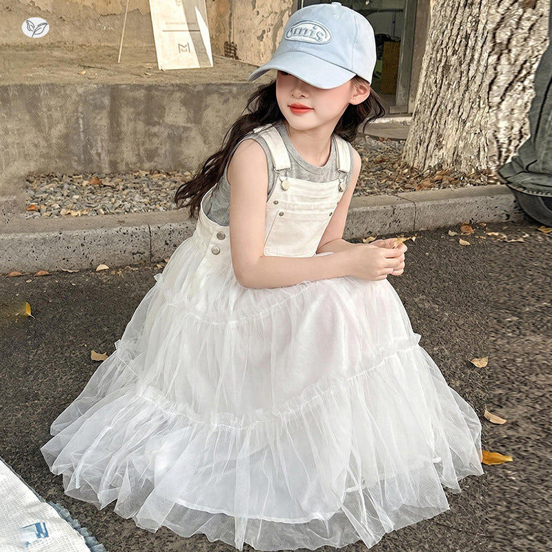 Mesh Suspender Skirt Outfit Summer Middle Big Korean Style Vest Children's Suit