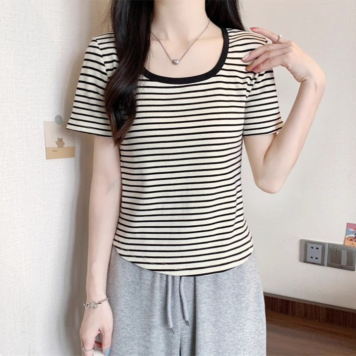 Women's Square Collar Striped Short-sleeved Summer Slim Fit Women's T-shirt
