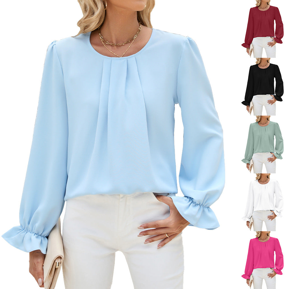 Solid Color Round Neck Loose Long Tops