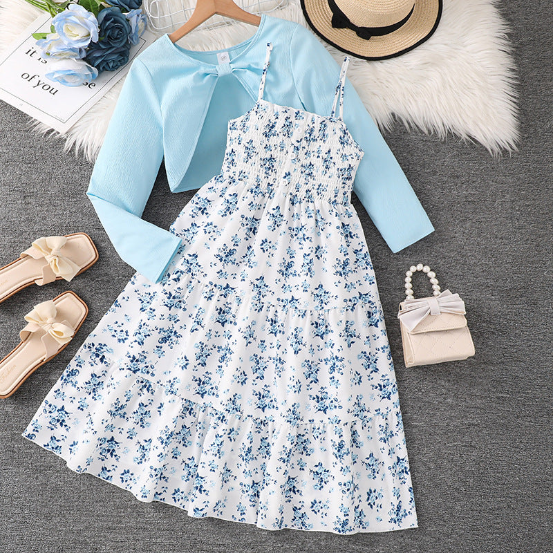 Children's Older Clothing Spring Sweet Floral Suspender Children's Suit
