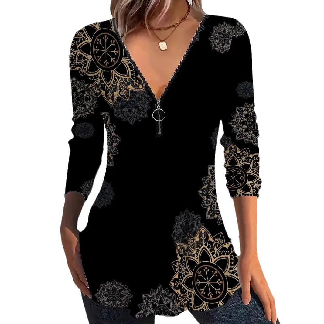 Women's Elegant Casual Zipper Floral Print Long Tops