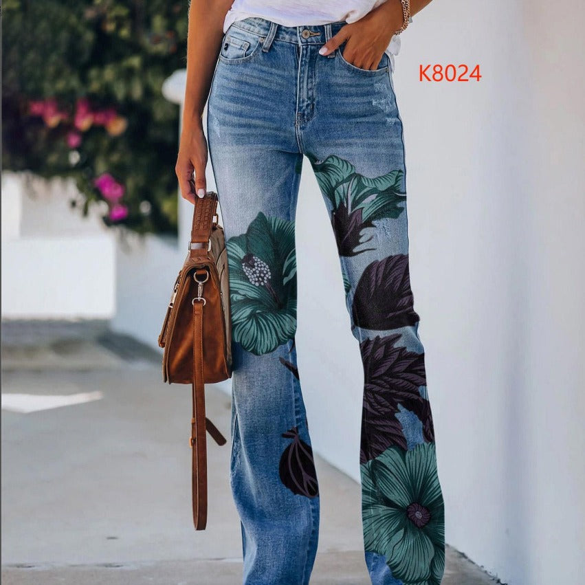 Pretty Women's Large Printed Denim Thin Jeans