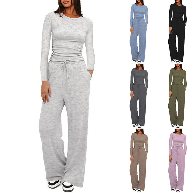 Solid Color Long Sleeves Outfit High Waist Wide Leg Fashion Casual Suit