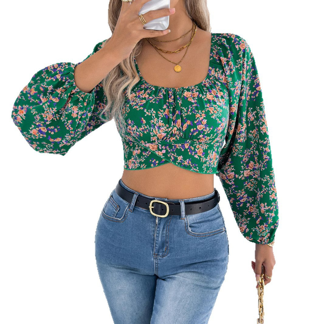Glamorous Women's Floral Lantern Sleeve Waist Lace Shirt, Chiffon Shirt