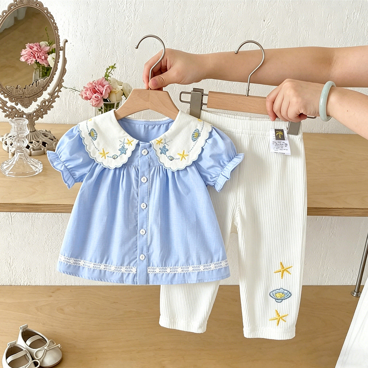 Home Close-fitting Breathable Embroidered Lapel Dress Two-piece Set Versatile Slimming Children's Suit