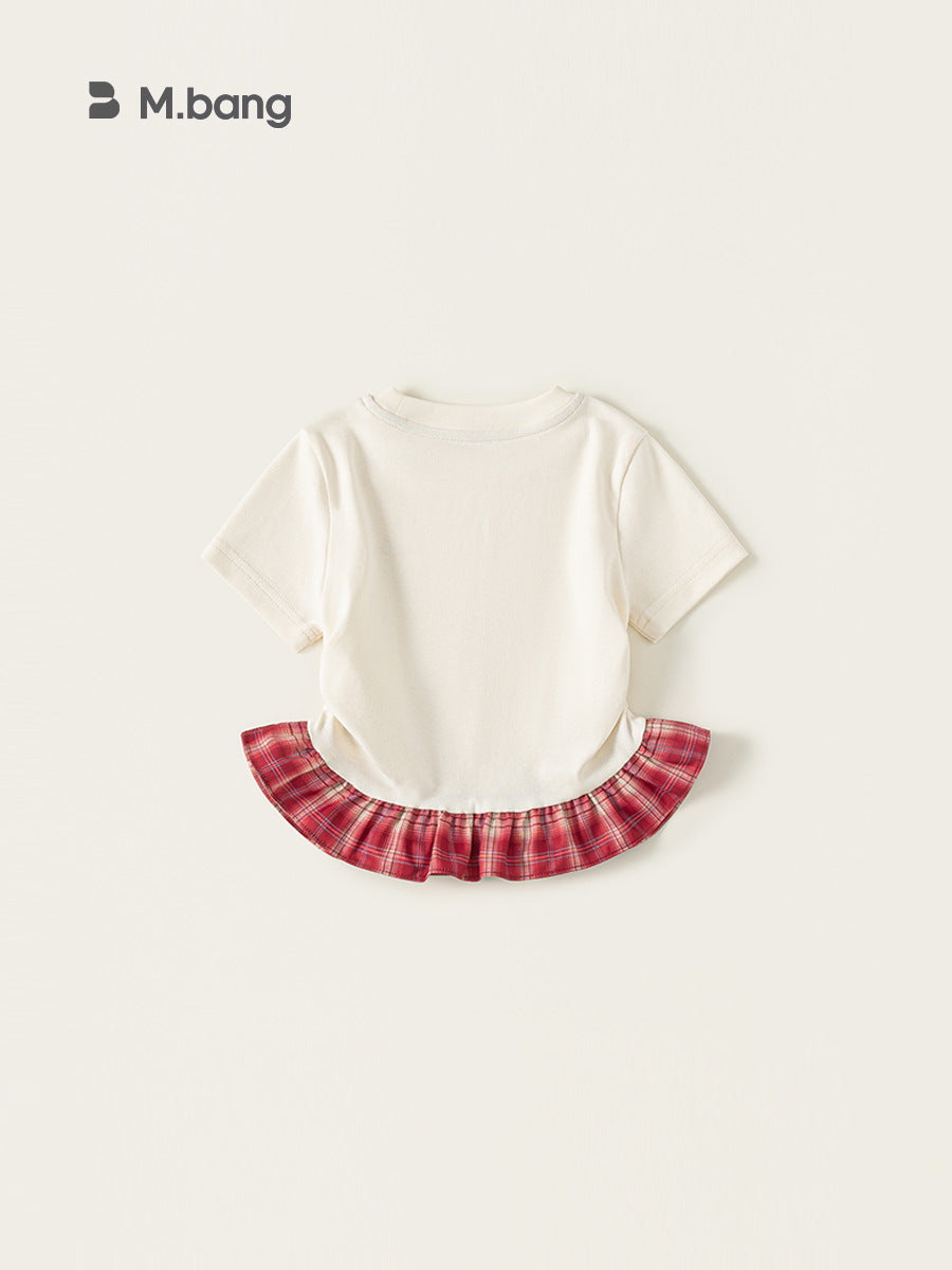 Children's Clothing Short-sleeved Summer Plaid Stitching Little Cartoon Printed Fake Two-piece Children's T-shirt