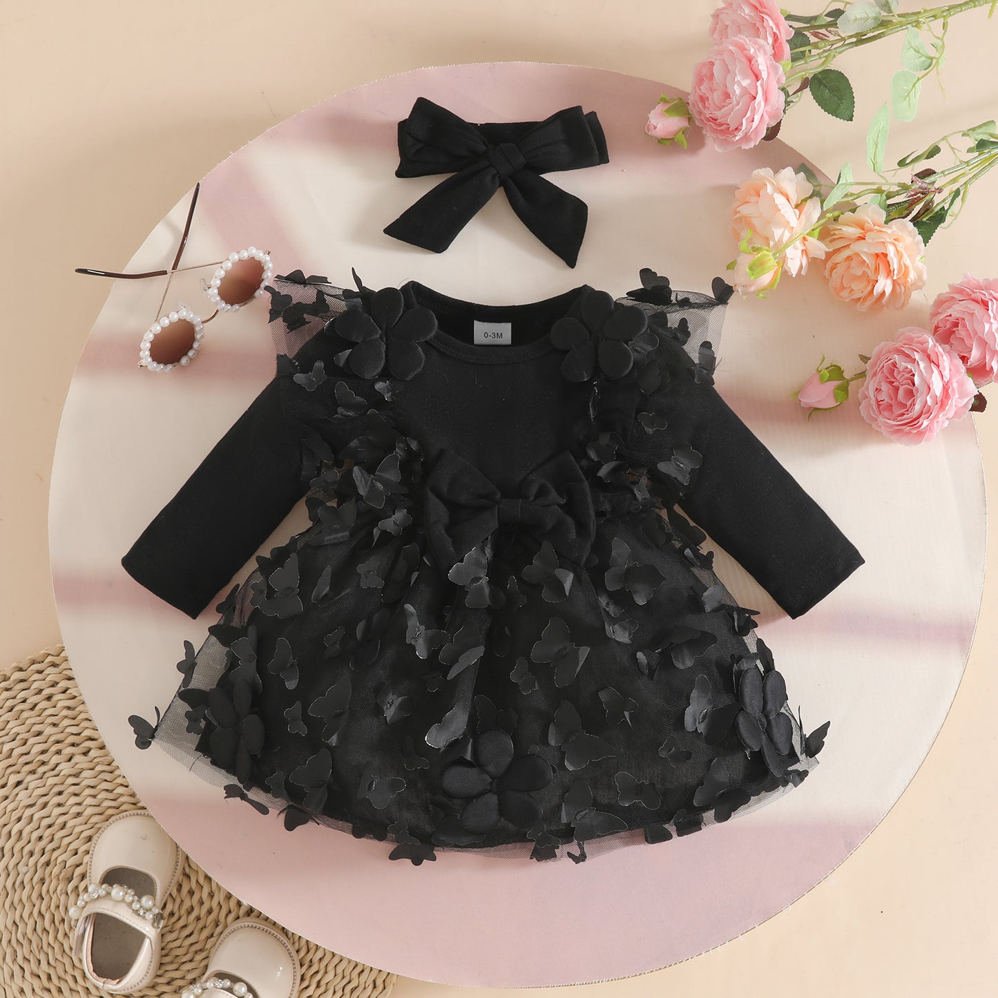 Knitted Fabric Butterfly Mesh Stitching Solid Color Long Sleeve Children's Dress