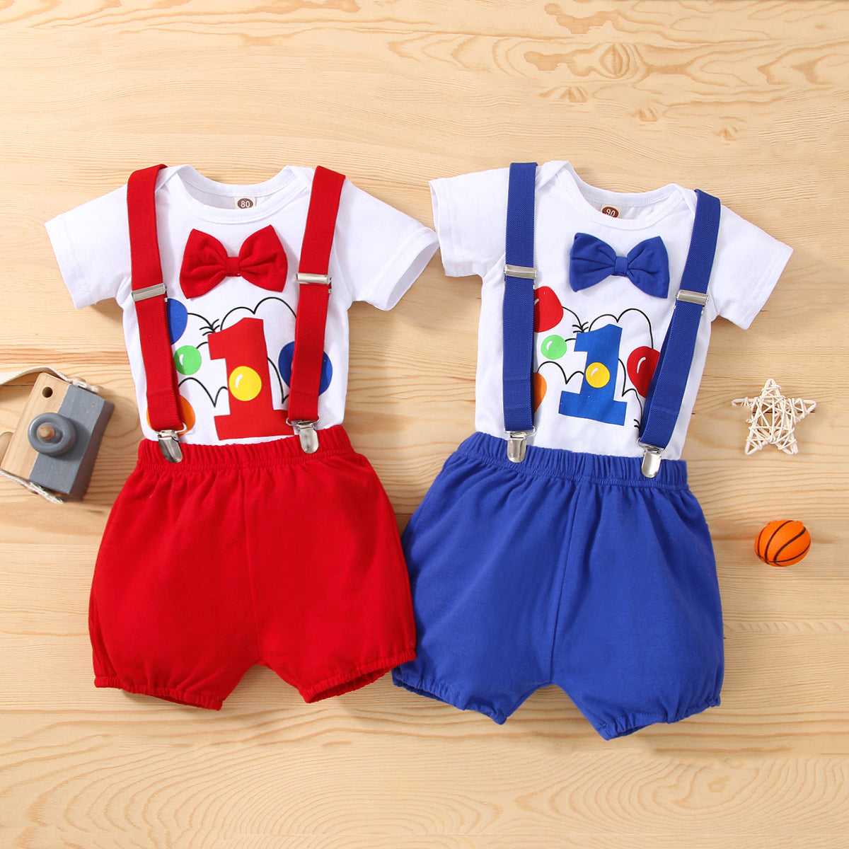 Boys Carrier Strap Short-sleeved Birthday Clothes Bow Print Romper Two-piece Jumpsuit, Climbing Suit