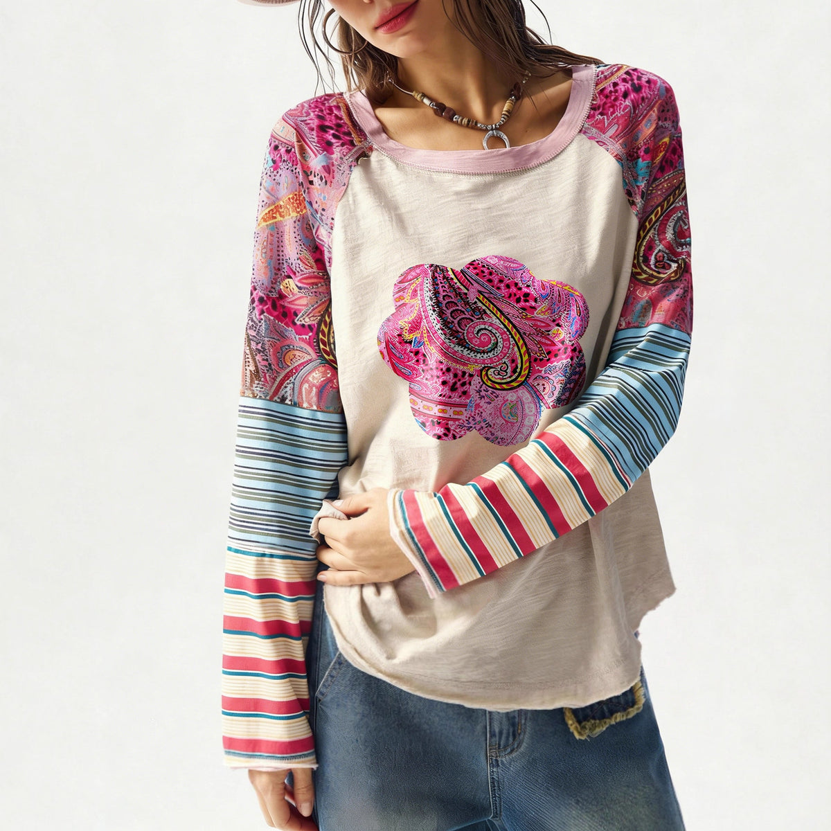 Women's Printed Crew Neck Casual Vacation Color Contrast Large Size T-shirt