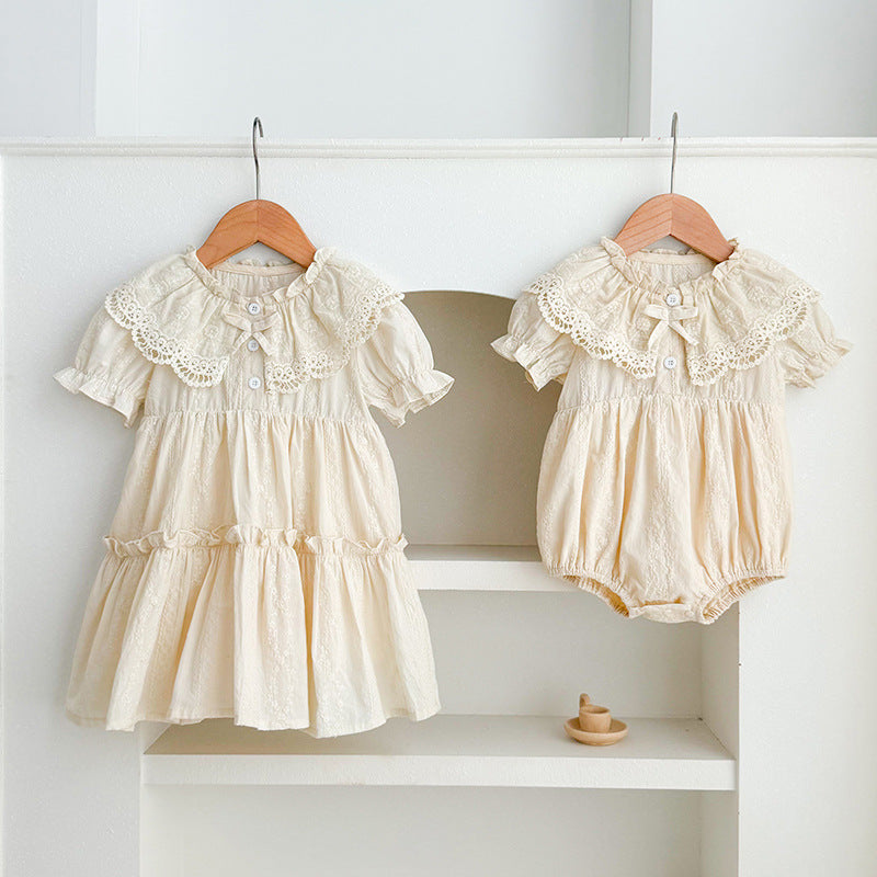Lapel Lace Romper Princess Sisters Outfit Children's Dress