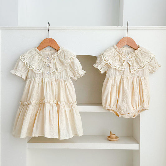 Lapel Lace Romper Princess Sisters Outfit Children's Dress