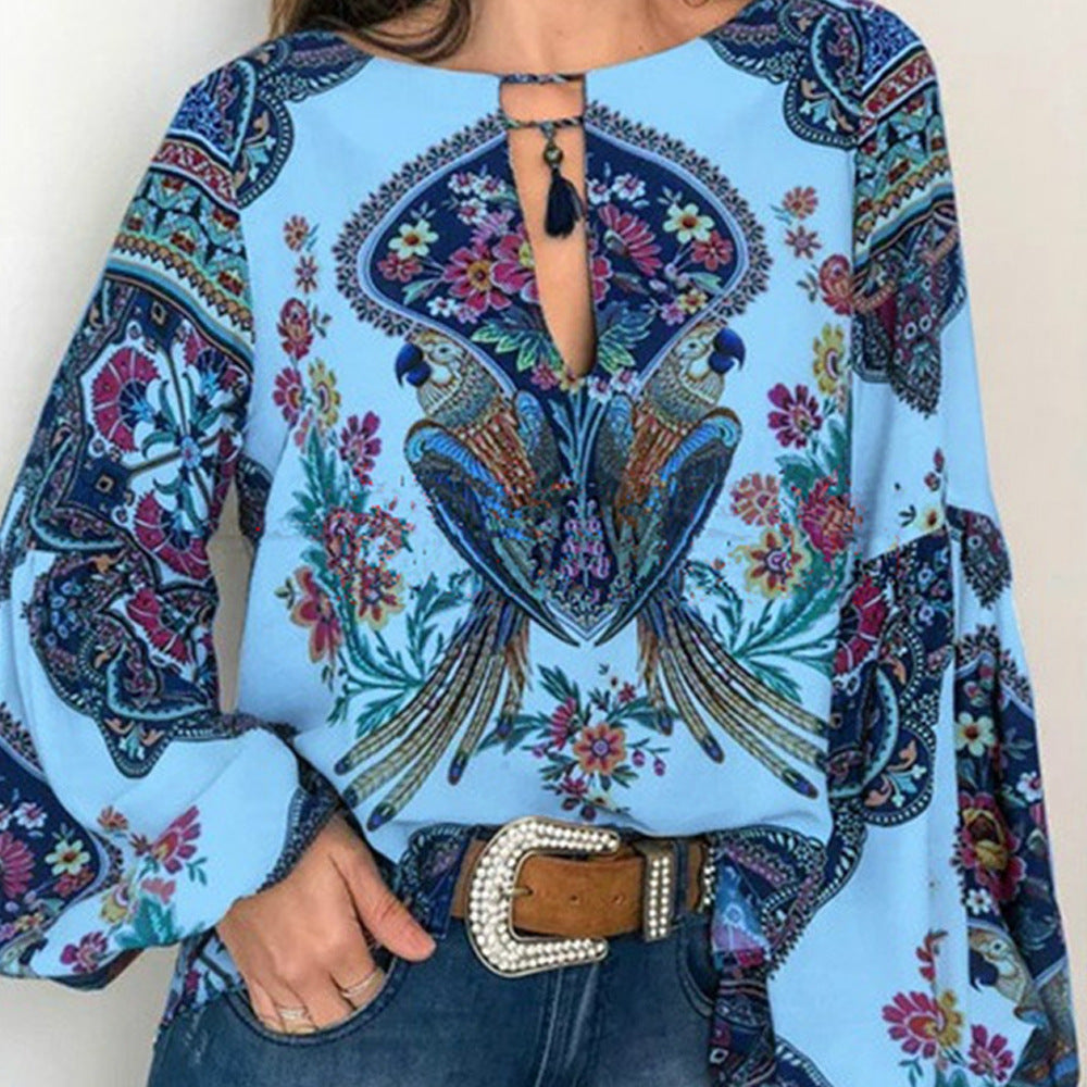 Women's Special Digital Printed Round Neck Lantern Blouse
