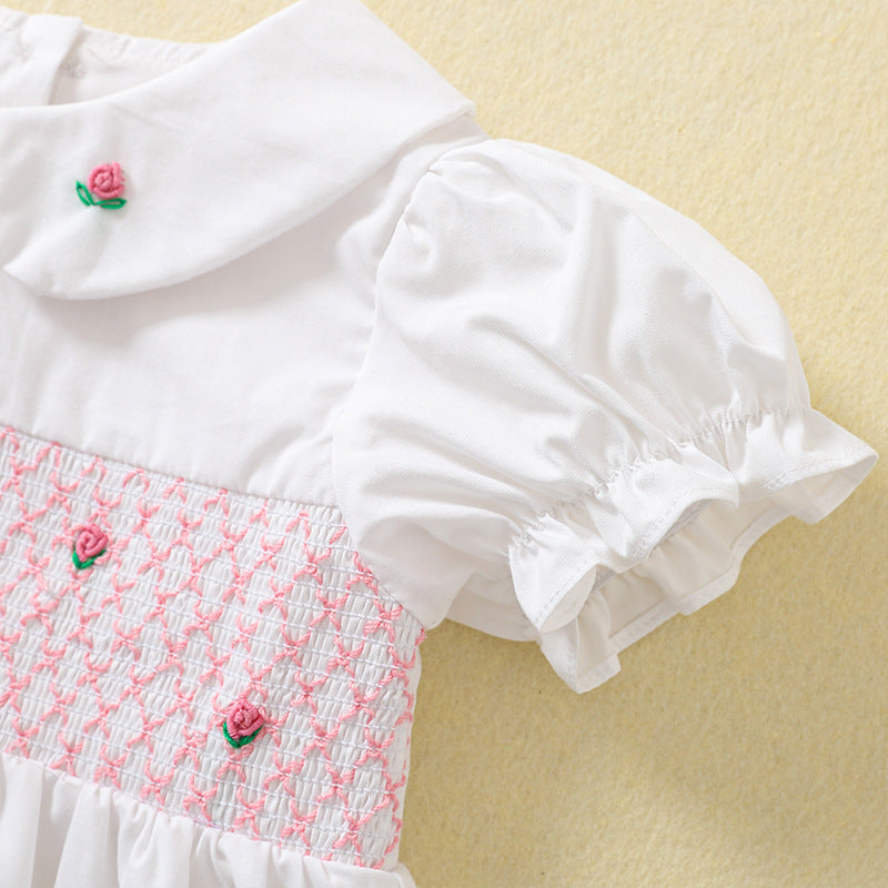Children's Smocking Embroidered White Skirt Cotton Small Older Short Sleeve Children's Dress