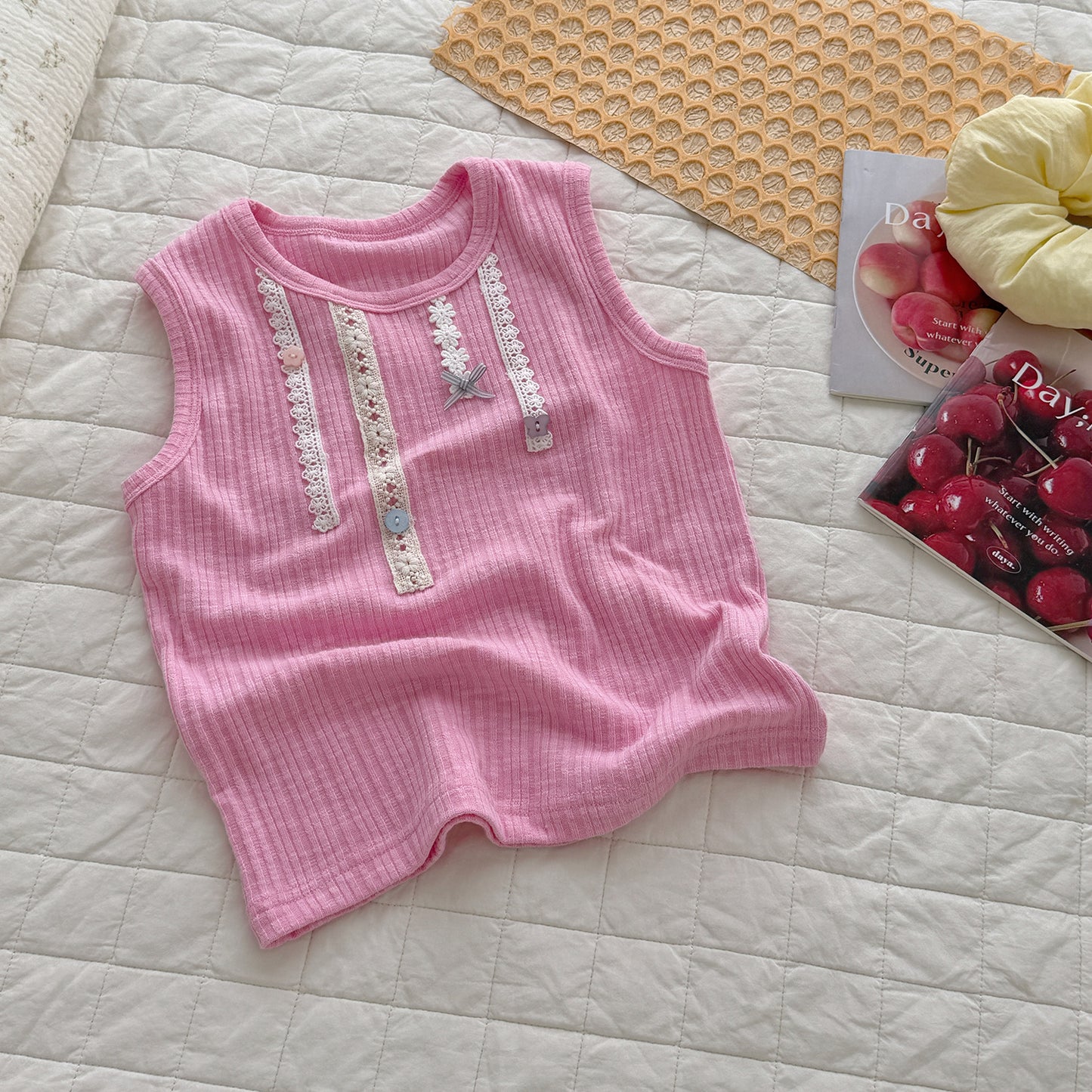 Children's Bassa Bamboo Joint Sunken Stripe Exquisite Cotton Lace Color Children's T-shirt