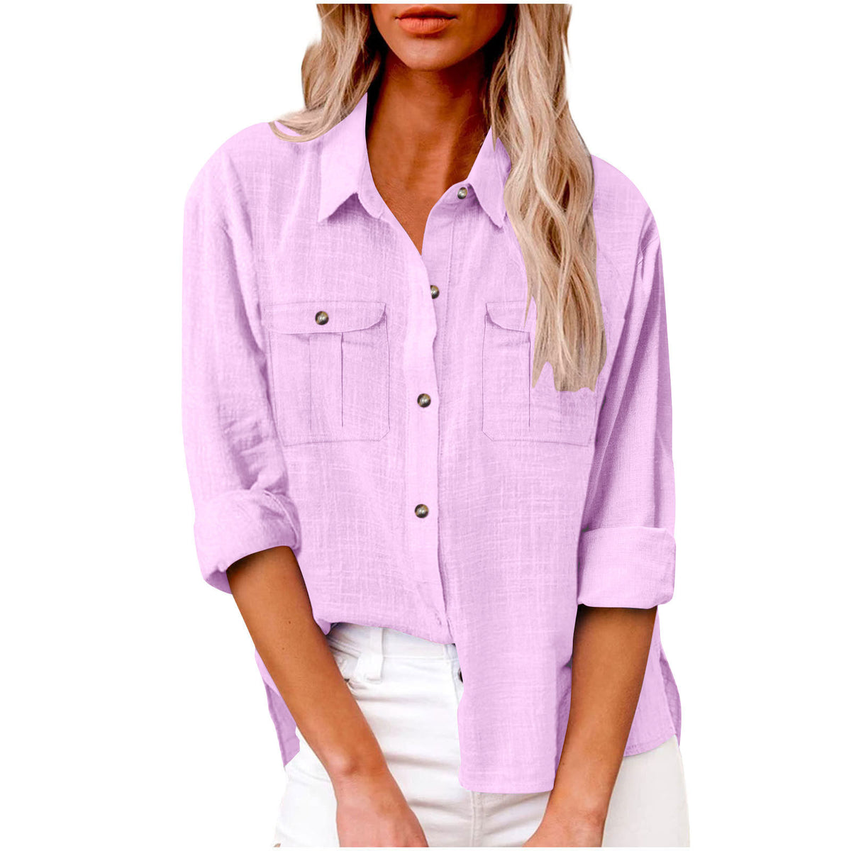 Women's Pocket Split Long Sleeve Cotton Linen Clothing