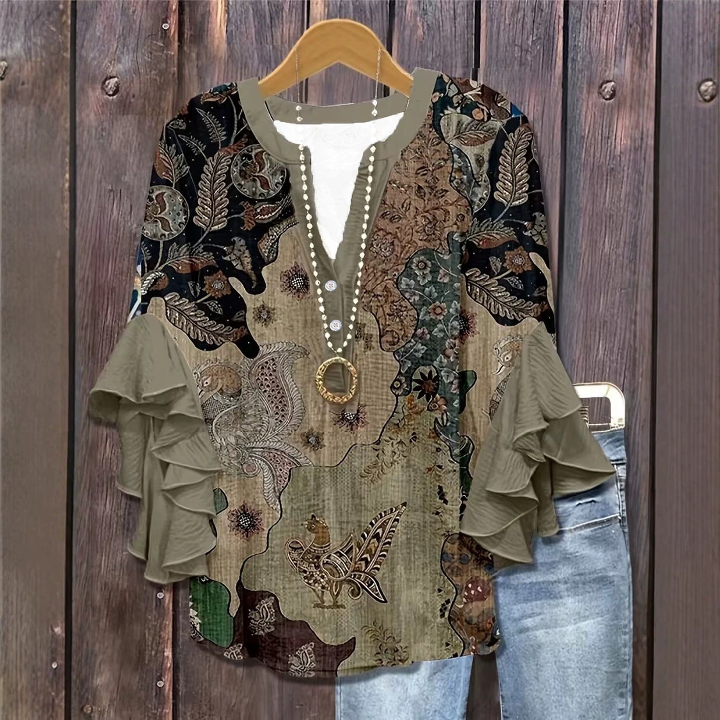 Women's Creative Flower Element Digital Printing Casual Tops