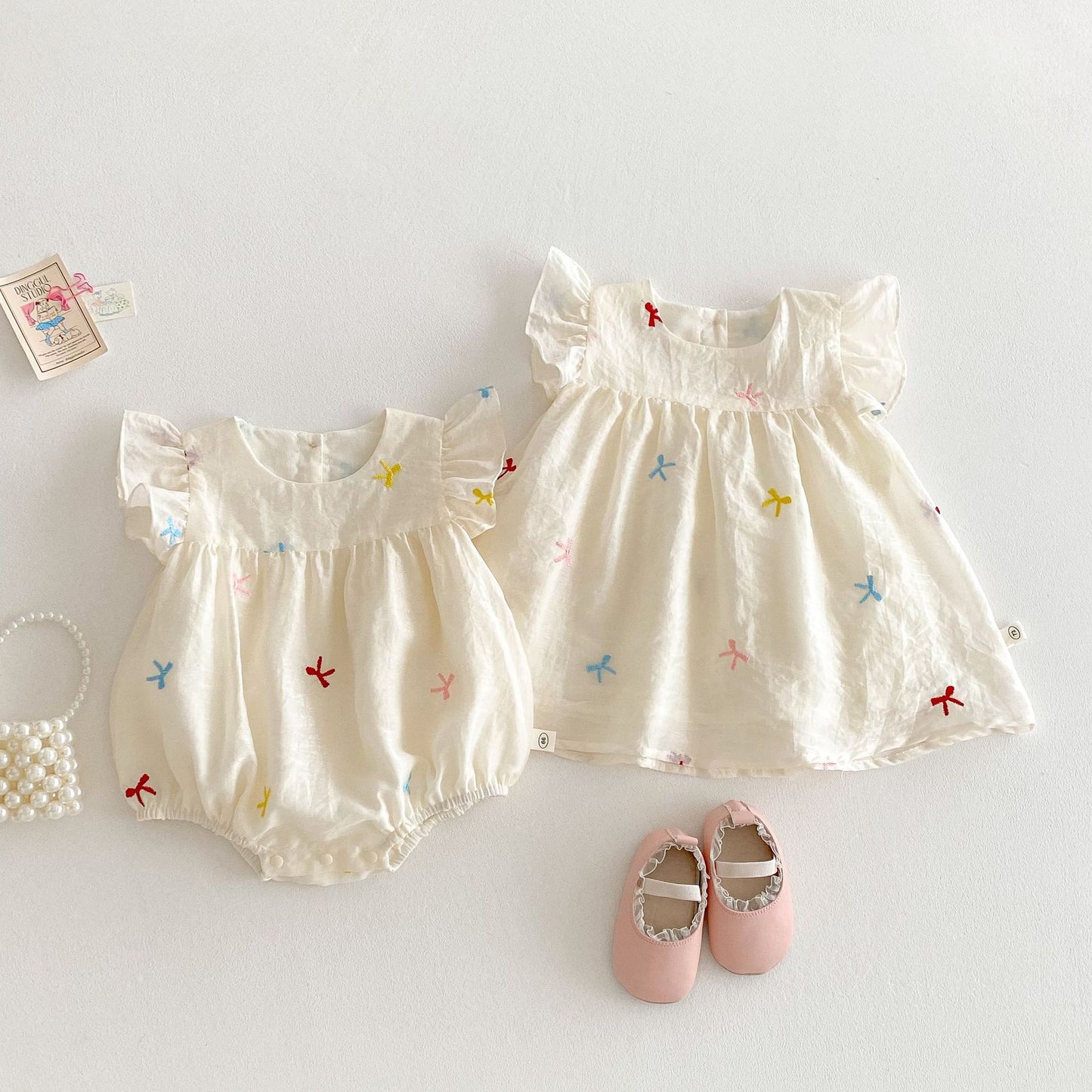 Small Left Right Summer Embroidered Bow Romper Jumpsuit, Climbing Suit