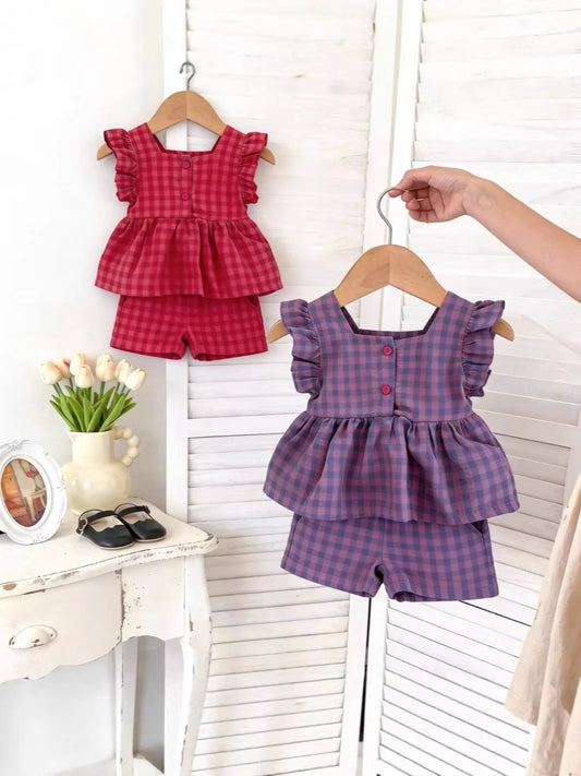 Summer Flounced Sleeve Plaid Fashion Western Children's Suit