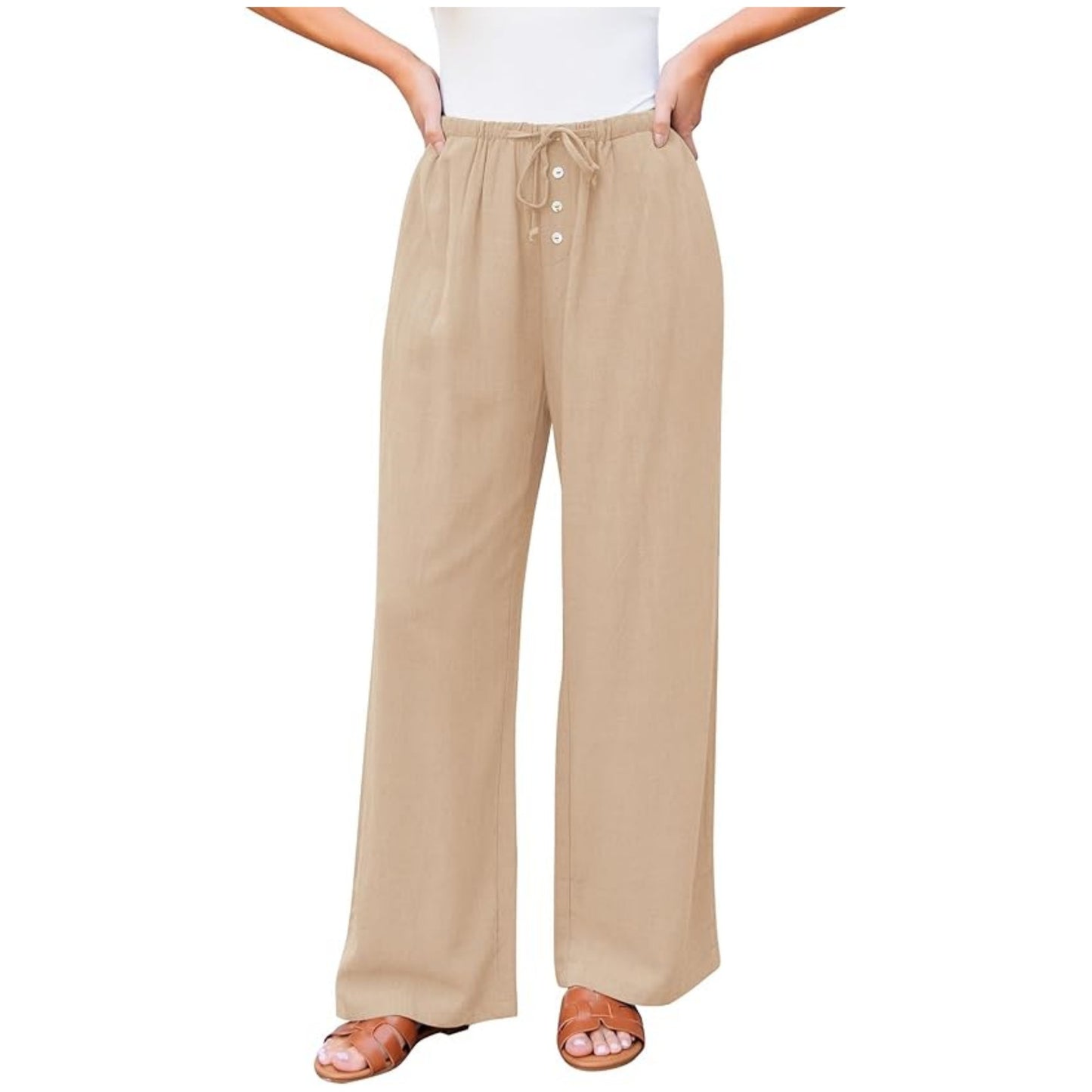 Women's High Waist Comfortable Wide Leg Drawstring Pocket Button Casual Pants