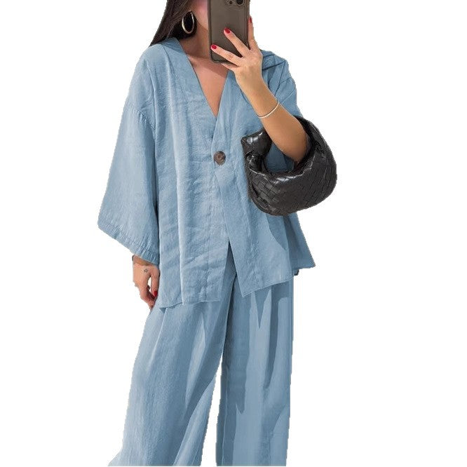 Women's Button Loose Long Sleeve High Waist Fashion Casual Suit