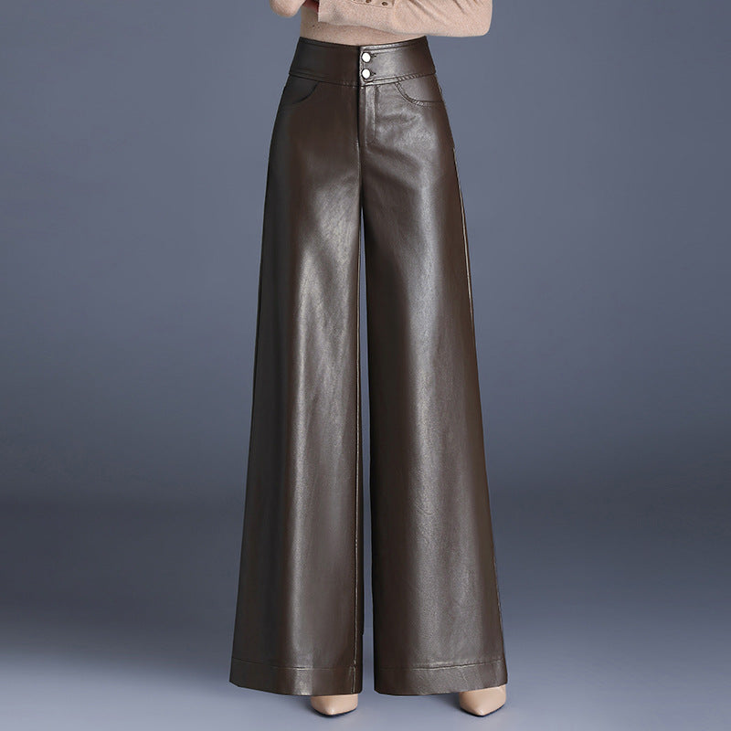 Women's Leather Fleece-lined Thickened High Waist Loose Casual Pants
