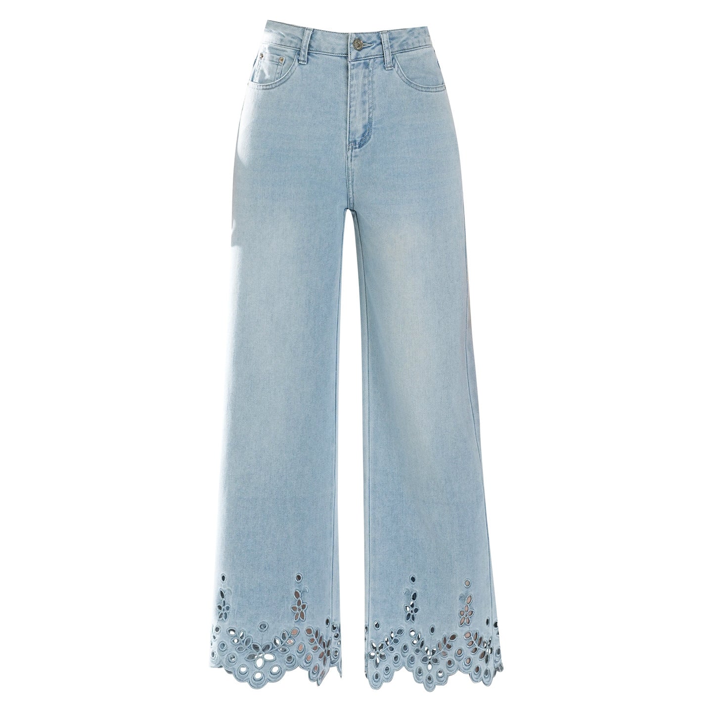Women's Light Blue Embroidered Design Hollow Lace Narrow Version Pants