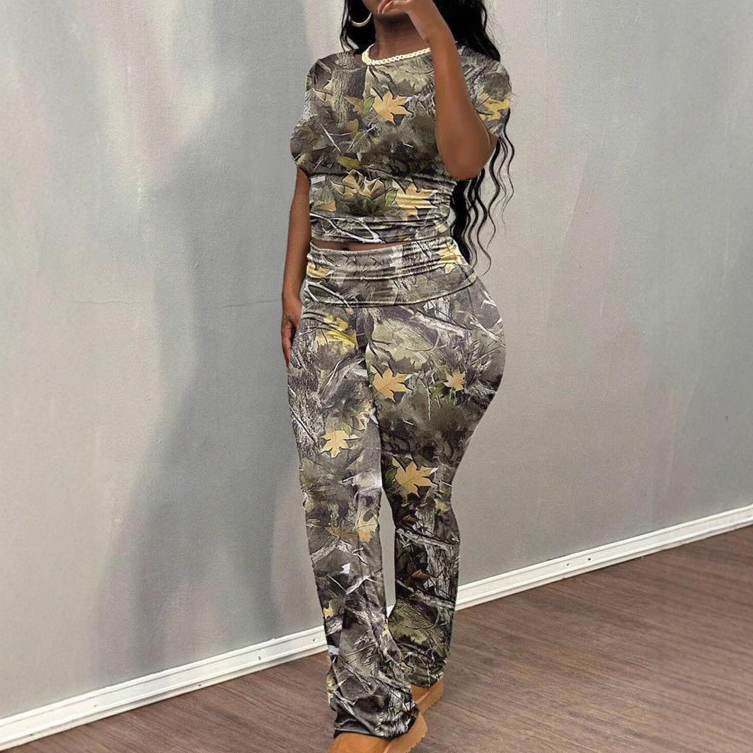 Women's Leisure Random Printed Short-sleeved T-shirt Trousers Suits