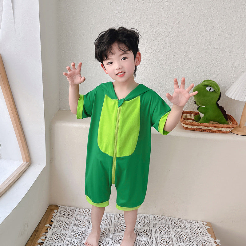 Children's Pajamas Summer Boy's Cotton Short-sleeved Boy Cartoon Dinosaur Romper Hooded Jumpsuit, Climbing Suit