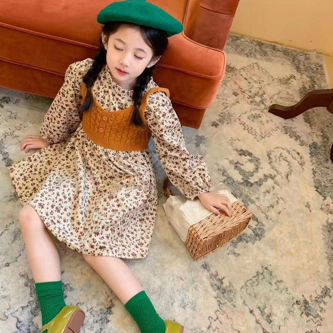 Autumn Korean Style Floral Skirt Wool Vest Two-piece Children's Dress
