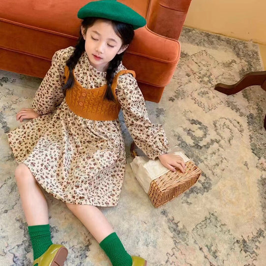 Autumn Korean Style Floral Skirt Wool Vest Two-piece Children's Dress