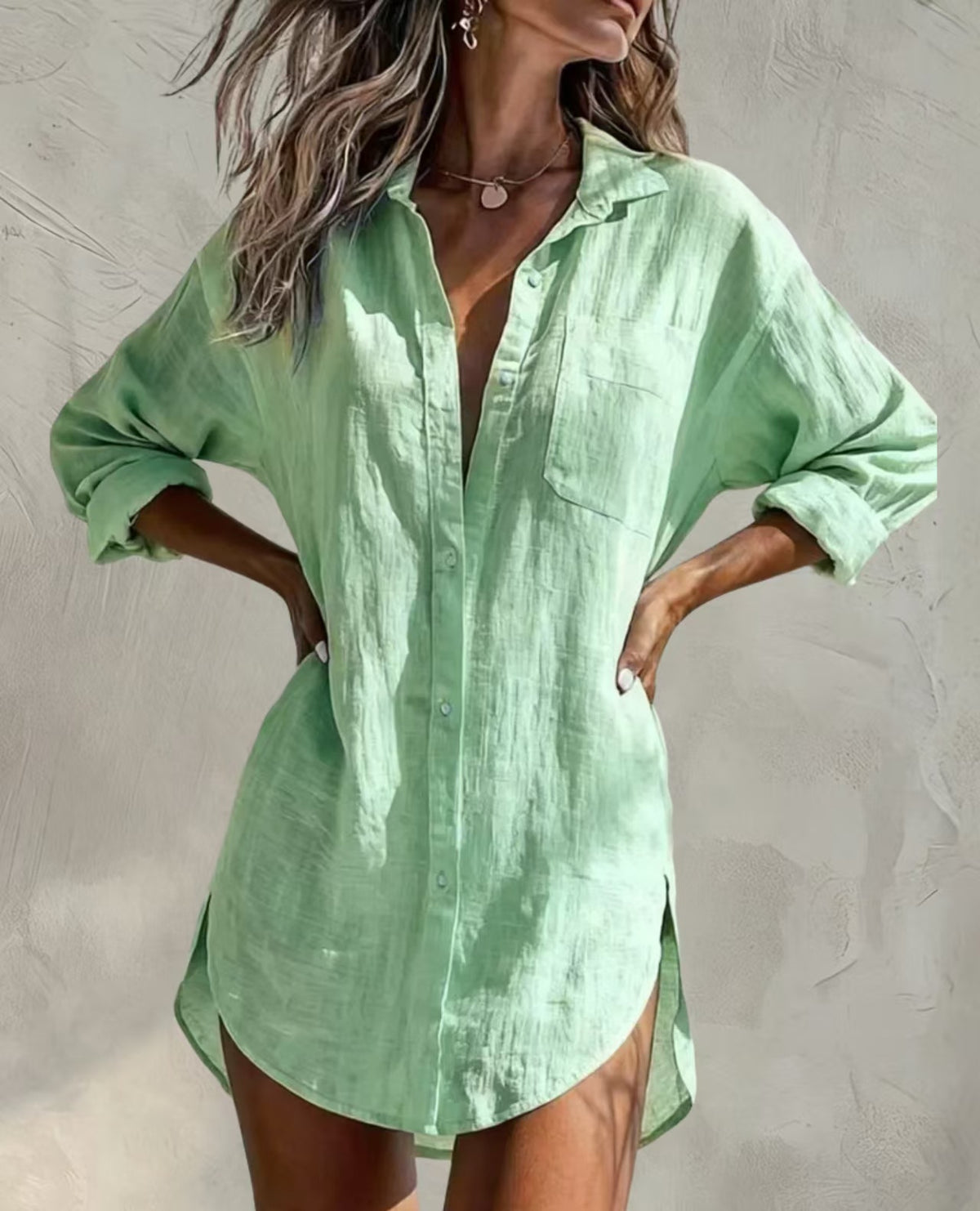 Women's Casual Outerwear Mid-length Lapel Loose Solid Blouse