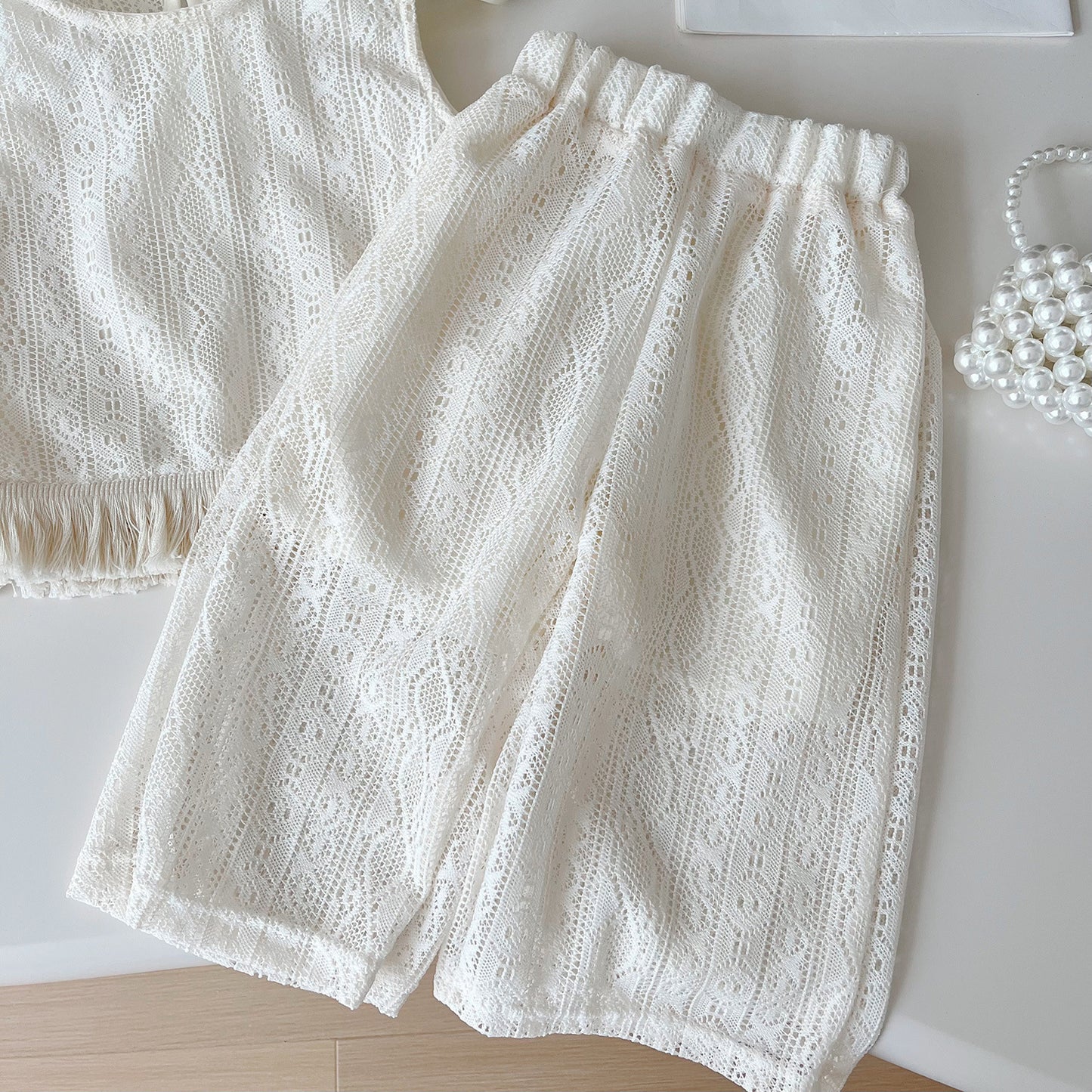Summer Korean Style Lace Mesh Flower Vest Pants Refreshing Children's Suit