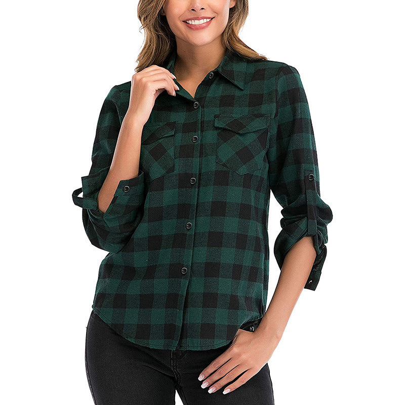 Women's Plaid Shirt Lapel Casual Fashion Double Pocket Long Blouse