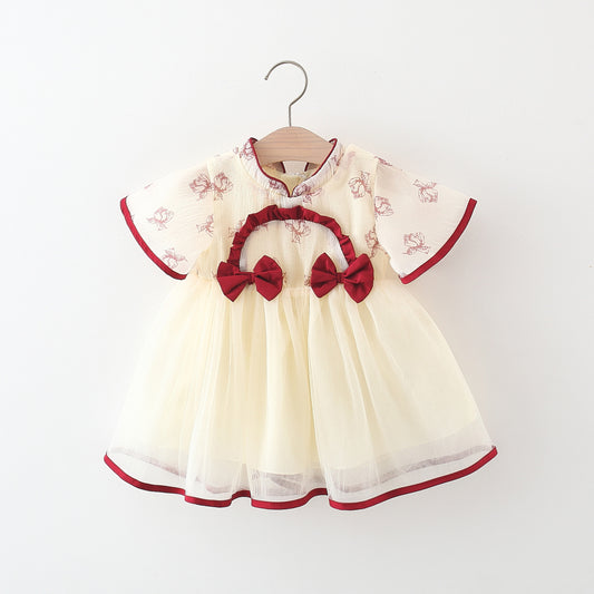 Summer Two Bow Semicircle Mesh Stitching Small Skirt Ancient Children's Dress