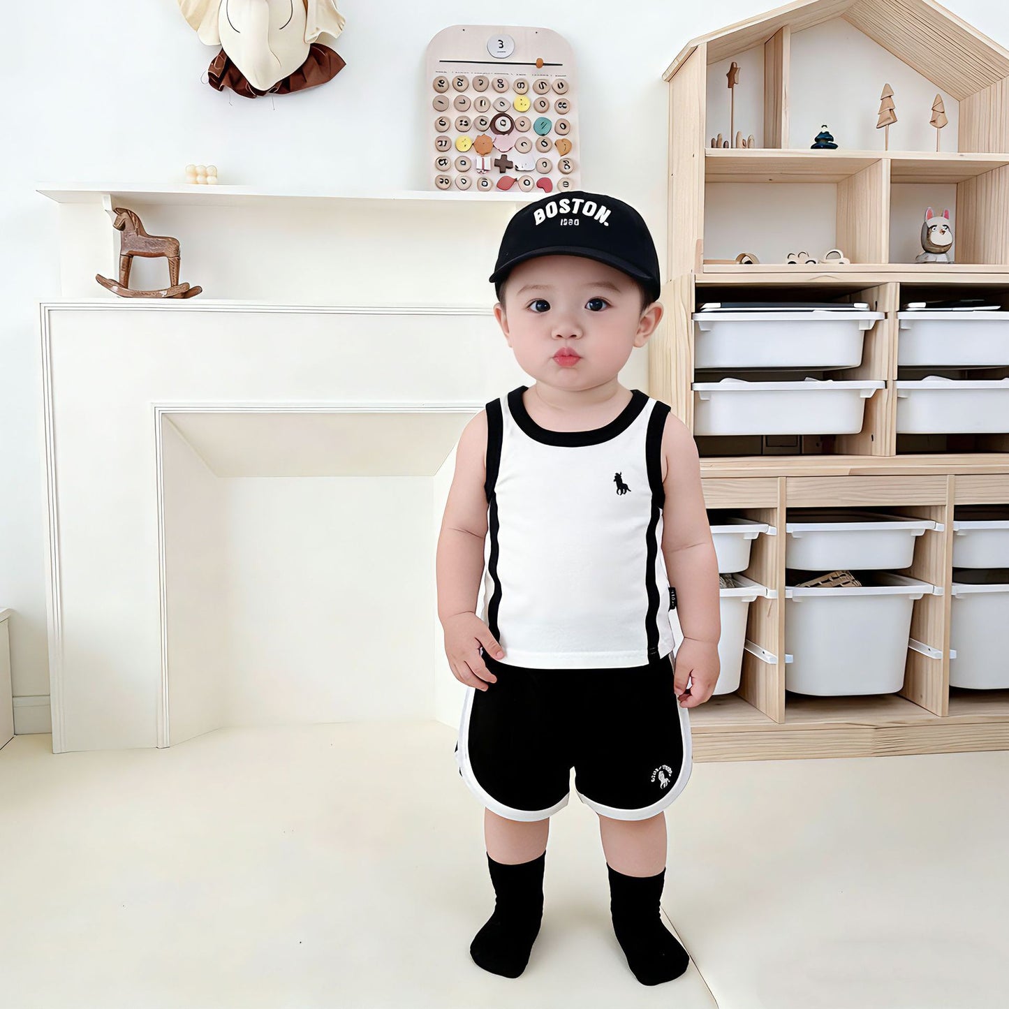 Children's Boys Toddlers Summer Vest Shorts Set Embroidery Color Matching Children's Suit