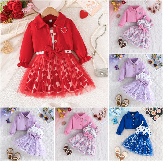 Set Long Sleeve Coat Animal Pattern Printed Bow Tulle Children's Dress