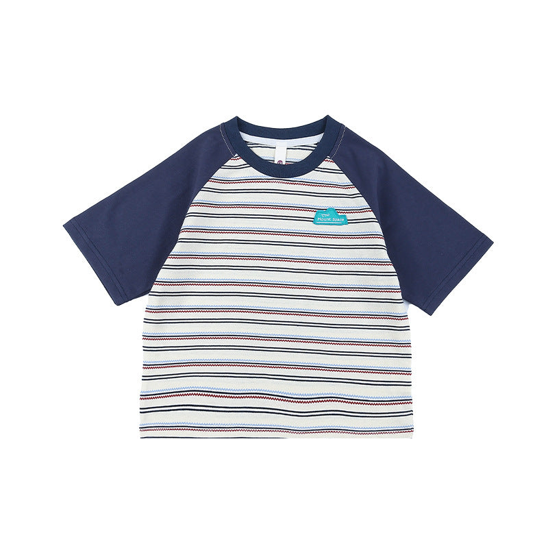 Children's Striped Short-sleeved Summer Boys Contrast Color Raglan Sleeve Cotton Children's T-shirt