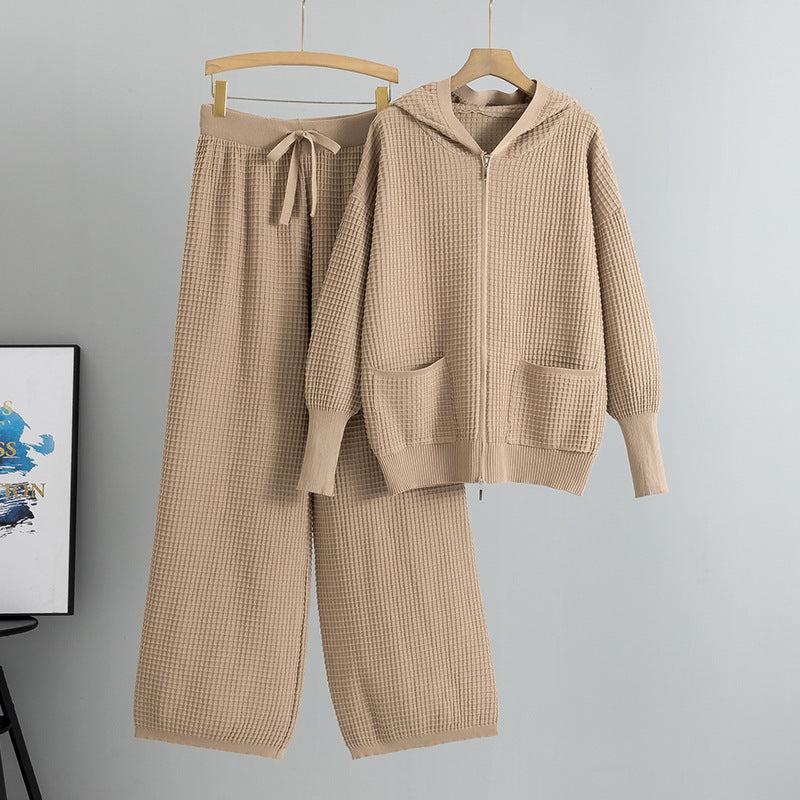 Women's Autumn Zipper Hooded Knitted Plaid Two-piece Clothing