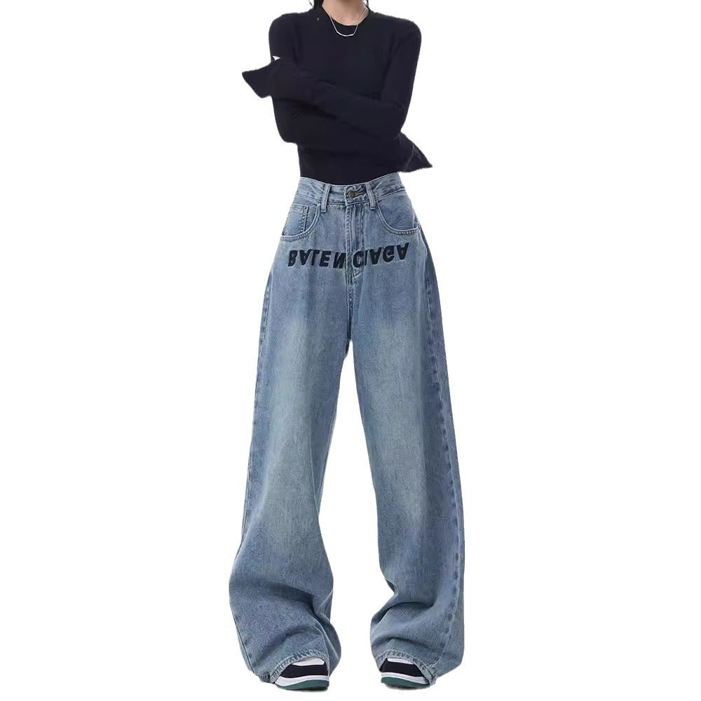 Women's Blue Embroidered Design Loose Mopping Floor Women's Jeans