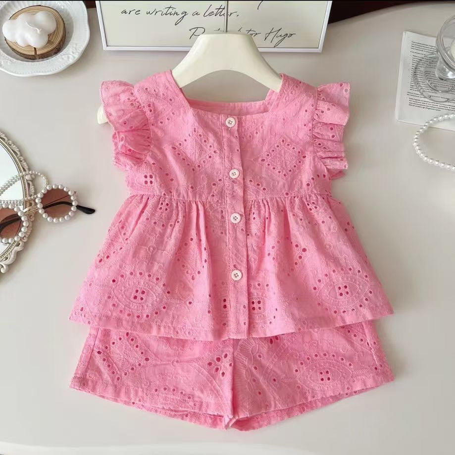 Sleeveless Pink Cotton Flying Sleeve Jacket Shorts Two-piece Children's Suit