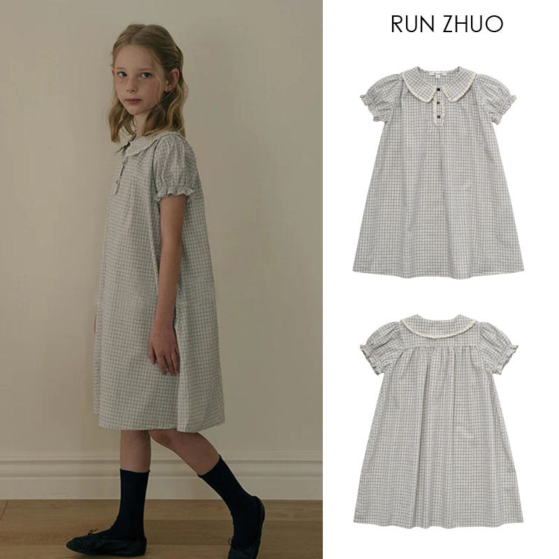 Cotton Jacquard Blue Plaid Silk Short Children's Dress