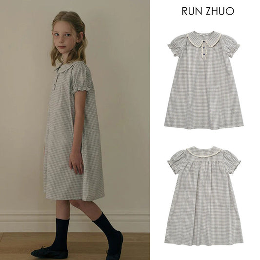 Cotton Jacquard Blue Plaid Silk Short Children's Dress