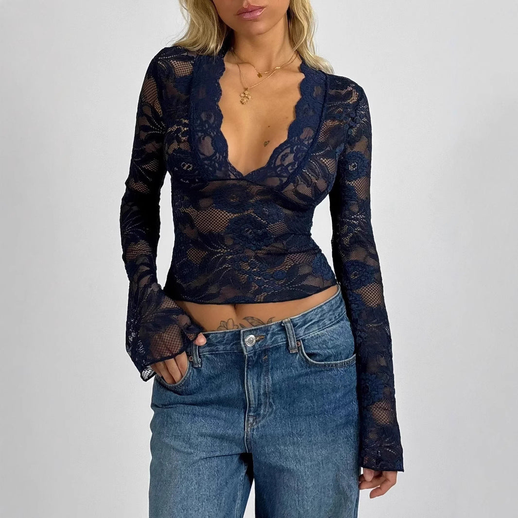 Women's Pure Hot Sexy Deep V Slim Fit Long Sleeve Tops