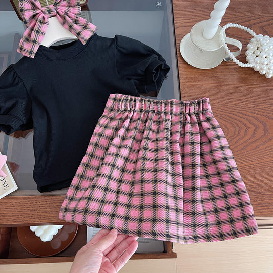 Children's Short-sleeved Shirt Plaid A- Line Dress Children's Suit