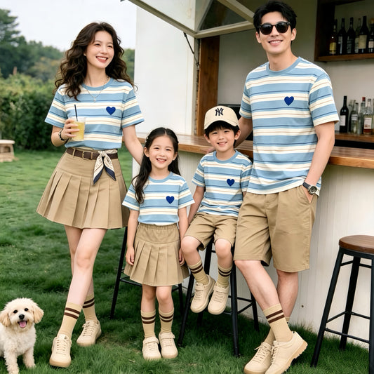 Clothes Family Striped Embroidery Love Short Sleeve Parent-child Outfit