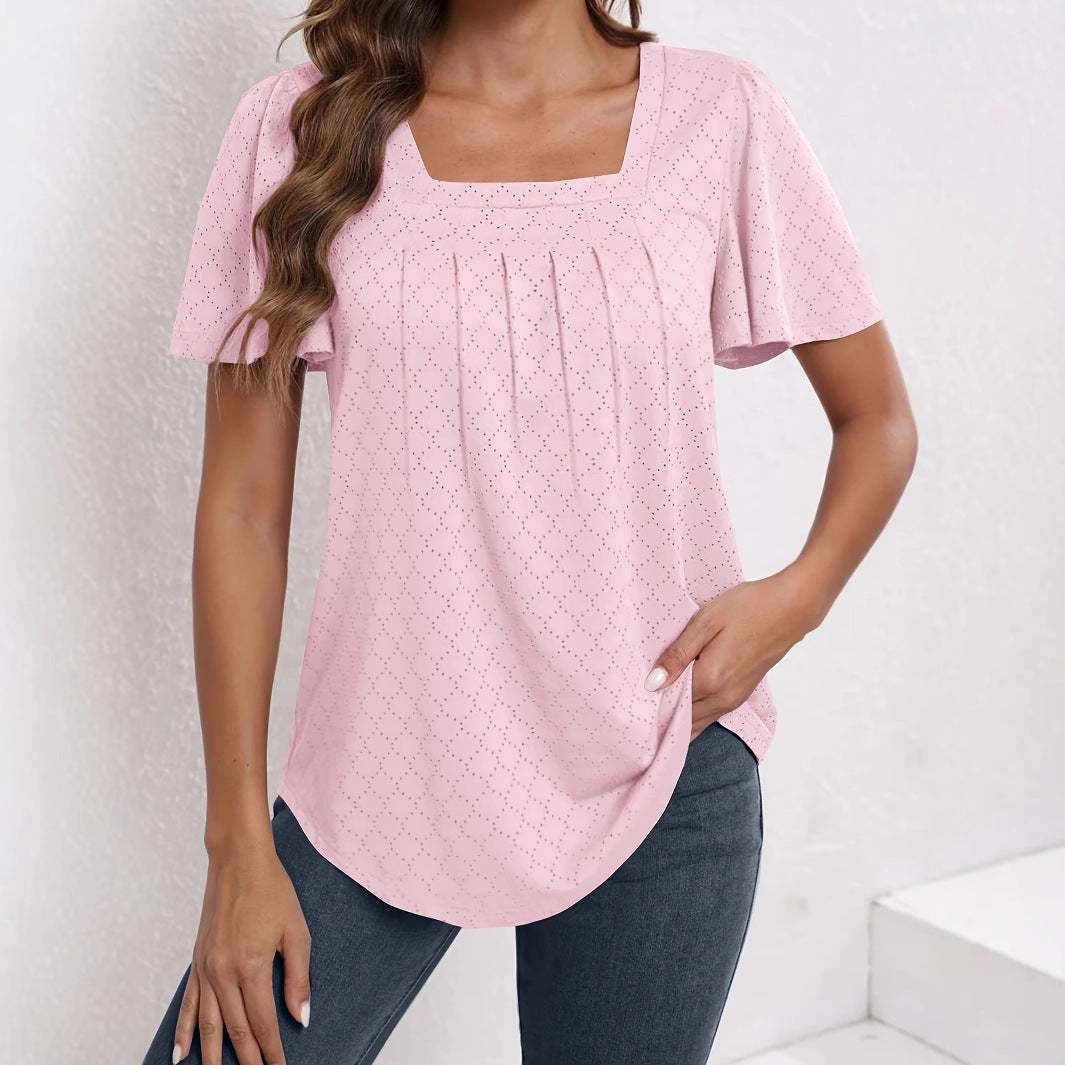 Women's Summer Solid Color Pullover Pleated Jacquard Fashion Women's T-shirt