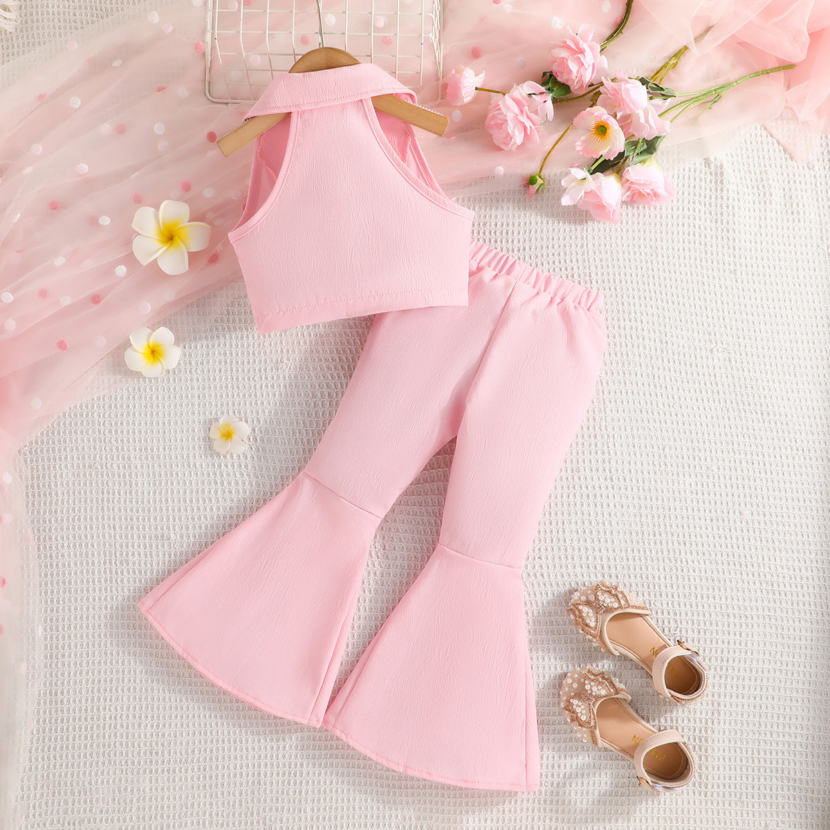 Sleeveless Short Top Solid Color Bow Flared Pants Two-piece Children's Suit