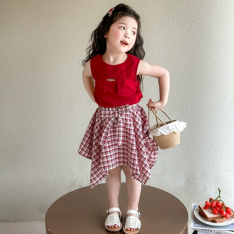 Children's Korean Style Western Skirt Medium Big Summer Short Vest Tartan Children's Suit