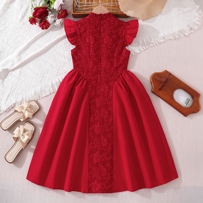 Children's Summer Red Chinese Embroidery Patchwork Princess Children's Dress