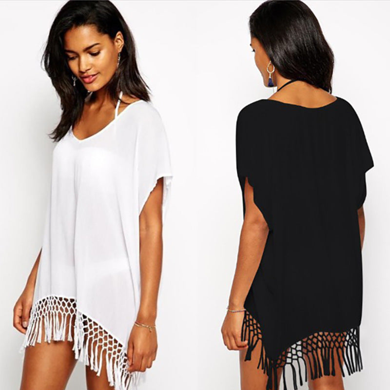 Women's Wear Solid Color Tassel Knotted Batwing Sleeve Lace Shirt, Chiffon Shirt
